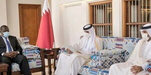 Interior CS Fred Matiang'i (left) with Sheikh Tamim bin Hamad Al-Thani in Qatar on Wednesday, March 17, 2021.