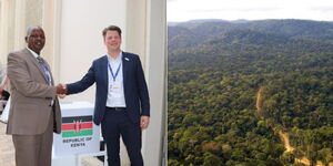Photo collage of CCF Alex Lemarkoko shaking hands with the CEO IDH, Mr. Daan Wensing (left) on November 2, 2023 and a section of Mau Forest.