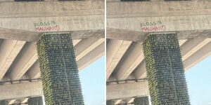 The Flossin Mauwano Grafitti is atop one of the pillars of the Ksh65 billion Nairobi Expressway. 