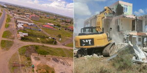 Photo collage of aerial view of Joska, Machakos County and demolitions in Portlands, Mavoko.