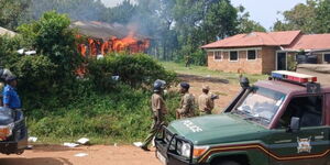 Section of Mawego Police Station on fire after mourners carrying body of slain teacher Albert Ojwang raid the station in protest, July 3, 2025.