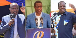 A photo collage of Cabinet Secretaries John Mbadi (left), Opiyo Wandayi (centre) and Wycliffe Oparanya