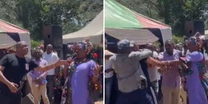 A photo collage of Matsangani MCA Hassan Mohamed trying to grab the microphone from Kilifi Woman Representative Getrude Mbeyu on October 7, 2023. 