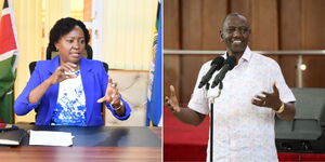Photo collage between Josephine Mburu and President William Ruto speaking on Sunday May 14, 2023