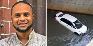 Media Personality Jamal Gaddafi (left) and a car trapped in floods.