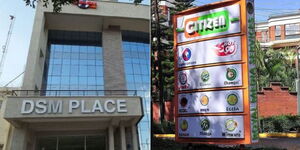 A photo collage of K24's host building DSM Place and Royal Media Services which owns Citizen TV