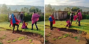 Footage showing a team of four men flogging a woman in an open field.