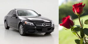 A stock photo of Mercedes Benz and rose flowers 