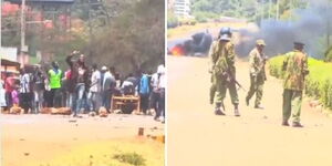 A photo collage of Meru University students engaging in protests (left) and a contingent of police officers deployed along the Meru-Maua highway on Tuesday, September 9, 2025.