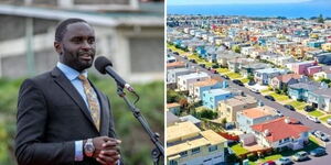 A photo collage of Nyandarua Senator Methu Muhia and a gated community in Dali City, California, USA. 