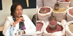 Cabinet Secretary for the East African Community, Arid and Semi-Arid Lands and Regional Development Rebecca Miano on May 18, 2023 and maize and beans in sacks in a market