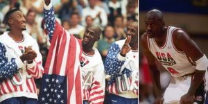 Photo collage of Michael Jordan with teammates and him in court playing the Bulls in an NBA match