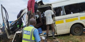 Police officers and witnesses respond to an accident at Migaa region in Eldoret-Nakuru highway on Saturday, June 24, 2023.