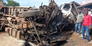 Wreck of the lorry that crashed in Migori- Isebania Road on Saturday April 8, 2023