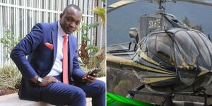 KTN news anchor Ken Mijungu (L) and one of the helicopters rented out by  Execar-tive CarHire by 