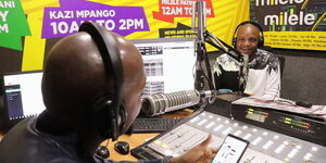 Jalang'o and Alex Mwakideu in Milele FM studios during a show.