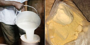 Photo collage of a farmer sieving milk and milk powder seized by DCI on Tuesday May 16, 2023