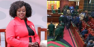 A photo collage of  Suba North Millie Odhiambo during an interview on May 2022 (left) and disruptions at the National Assembly on June 8, 2023.