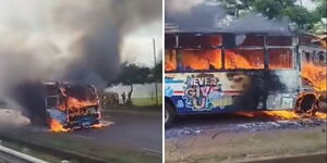 A 33-seater bus on fire along Thika Road in Juja, Kiambu County on Sunday, November 2.