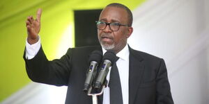 Agriculture CS Mithika Linturi addressing residents of Tigania East Constituency in Meru County on April 1, 2023.