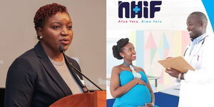 A side-to-side image of Health Cabinet Secretary Susan Nakhumicha and a poster by NHIF advertising the maternity policy.