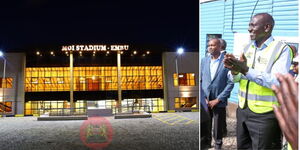 Photo collage of Moi Stadium Embu opened on Wednesday May 31 and President William Ruto During the groundbreaking ceremony for Embu modern market on May 26, 2023