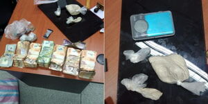 Money and drugs recovered from a house in the Kisauni area, Mombasa on Saturday, April 13, 2024. 