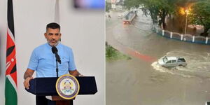 A photo collage of Mombasa Governor Abdulswamad Nassir (left) and flooded Mombasa City.