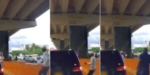 A photo collage of a hawker approaching a motorist during traffic along Mombasa Road on November 15, 2023. 
