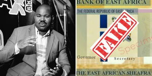 Collage photo of Moses Haabwa creator of Fake Sheafra currency and the Fake 5 Sheafra denomination