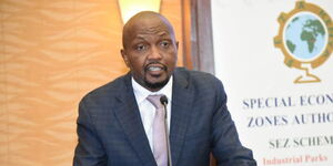 Trade Cabinet Secretary Moses Kuria speaking during the Special Economic Zones (SEZ) workshop on Tuesday April 18, 2023