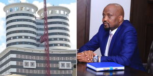 A photo collage of the Nation Media Group Center along Kimathi Center (left) and Trade Cabinet Secretary Moses Kuria at his office on June 19, 2023 (right).