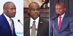 A photo collage of Trade CS Moses Kuria (left), Senate Speaker Amason Kingi (centre) and Interior CS Kithure Kindiki. 