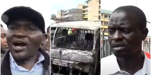 A side-to-side image of the witnesses of the Embakasi LPG fire incident and matatu that was burnt after thr driver failed to move it in good time.