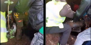 A photo of detectives unearthing a motorbike that was buried in the ground.