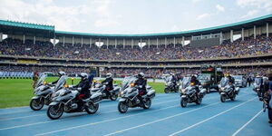 President William Ruto taking his first lap of honour after swearing-in ceremony at Kasarani Stadium on Tuesday September 12, 2022