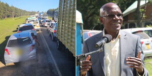 A photo collage of a traffic snarl-up along the Nairobi Nakuru Highway on December 22, 2023, and Kakamega Senator Boni Khalwale speaking at a meeting in his county on December 17, 2023.