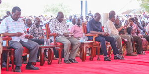 From left: Prime Cabinet Secretary Musalia Mudavadi, DP Rigathi Gachagua and President William Ruto at the Mulukhoba Fish Landing site in Busia on Saturday, August 26, 2023