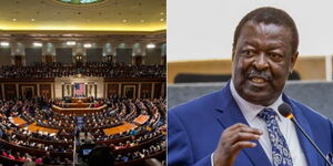 A collage of Prime Cabinet Secretary Musalia Mudavadi and the US congress in session. 