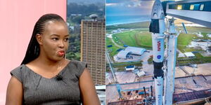 A photo collage of Captain Claire Muhungi (left) and a SpaceX rocket launcher (right).