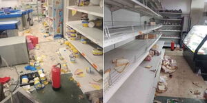 Images of vandalised Muindi Mweusi Supermarket in Tassia estate in Embakasi on Monday, March 20, 2023.