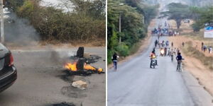 Multimedia University students stage demonstrations along Magadi Road in Rongai, Nairobi
