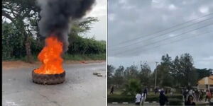 Multimedia University students stage demonstrations along the Magadi road on February 6, 2024