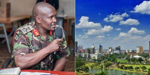 Photo collage of KDF officer Joseph Muracia during a meeting on Thursday May 25, 2023 and an aerial view of Nairobi