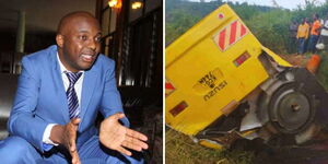 Murang'a Governor Irungu Kang'ata (left) and wreckage of Maadili Primary School bus.