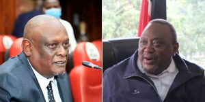 Jubilee Vice-Chairman David Murathe appearing before the National Assembly Public Investments Committee on April 30, 2021 (left) and former President Uhuru Kenyatta at Jubilee's headquarters in Kileleshwa on April 26, 2023. 