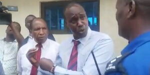 Naivasha’s Viwandani Ward MCA, Mwangi Muraya speaking to officers attached to Kapembwo Police Station, Nakuru on September 19, 2023. 