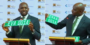 Transport Cabinet Secretary Kipchumba Murkomen holding number plates that will be issued to electric vehicles and motorcycles.