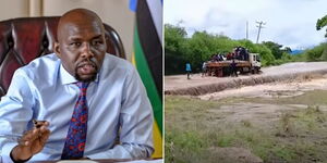 Transport Cabinet Secretary Kipchumba Murkomen at his office (left) and a lorry crossing River Muatineni in Sultan Hamud.