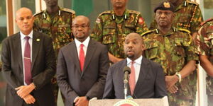 Interior Cabinet Secretary Kipchumba Murkomen addressing the press outside  Harambee House, Nairobi on June 26, 2025.